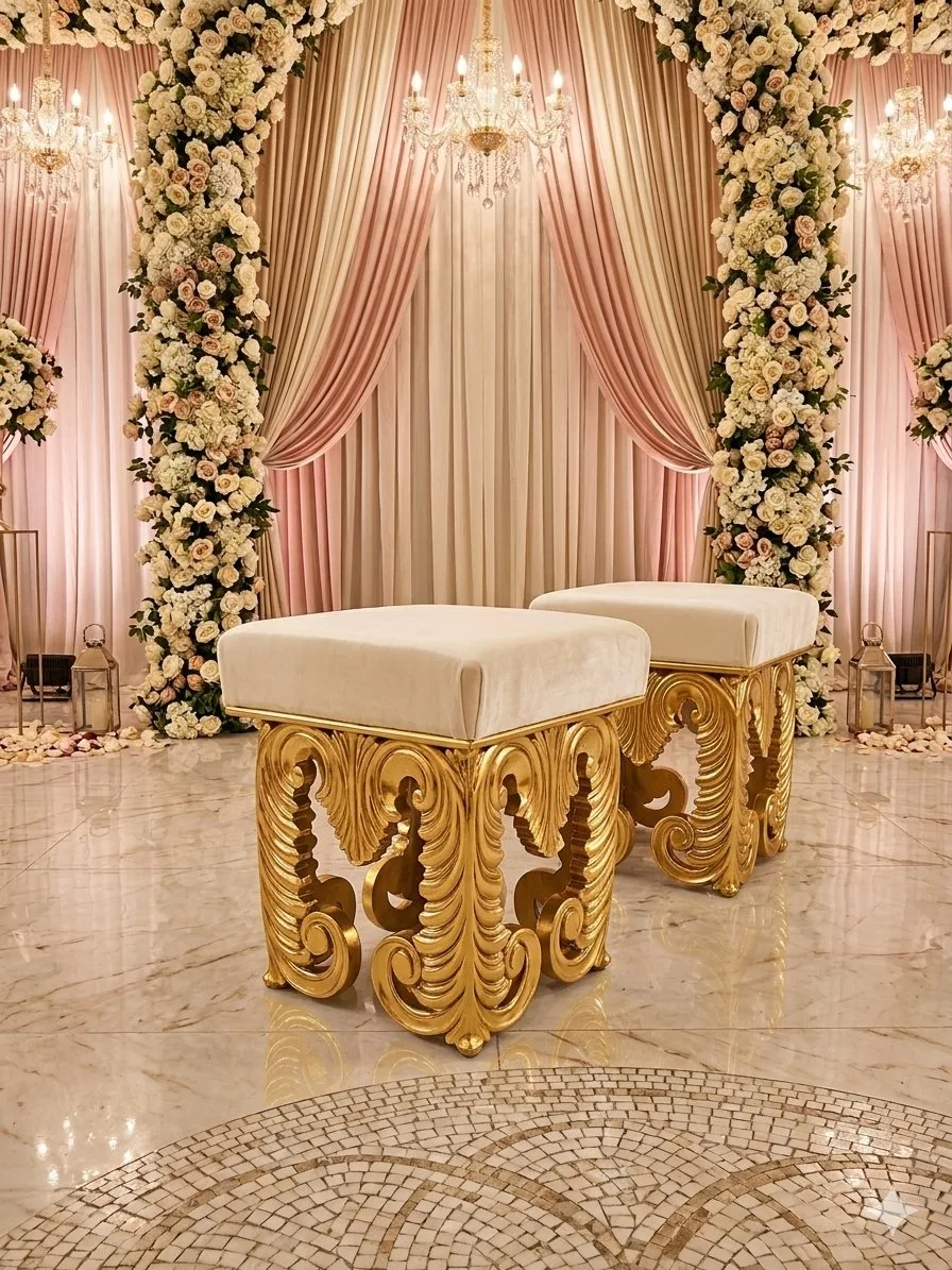 Gold Carved Ottoman Pair