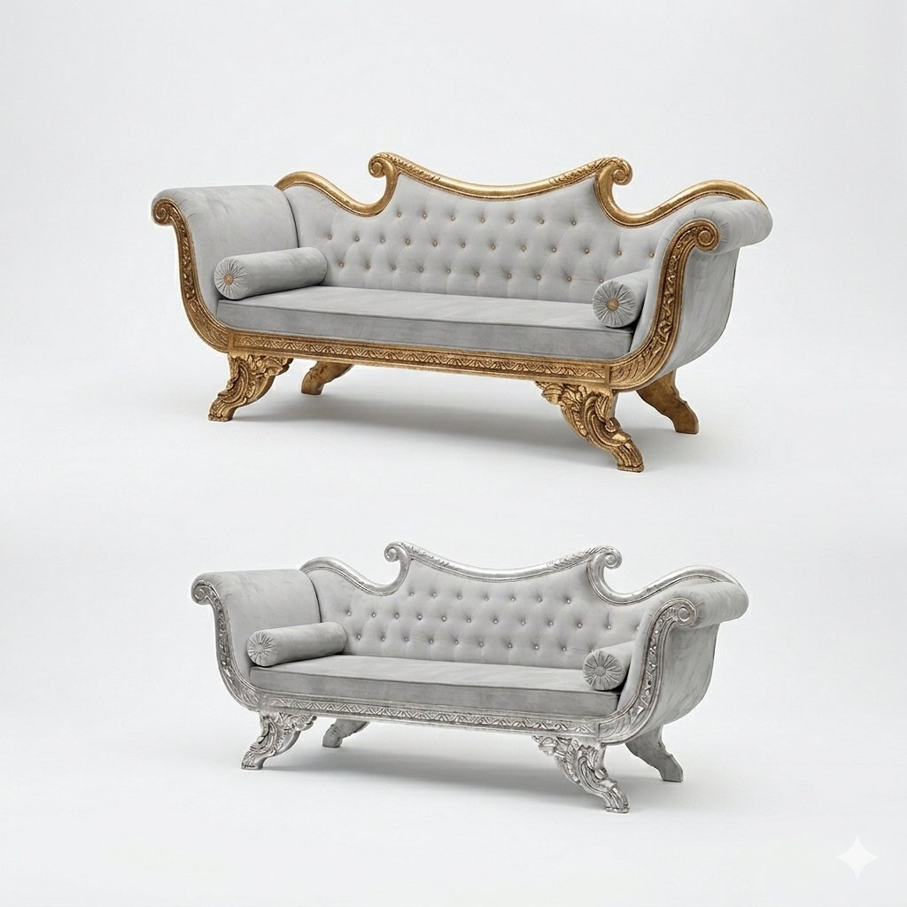 Scrolled Carved Sofa — Grey & Gold