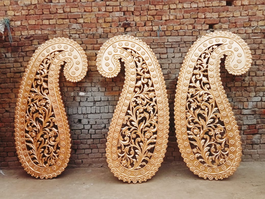 Three hand-carved Sheesham wood paisley panels — ZS Banquet Supply export quality craftsmanship
