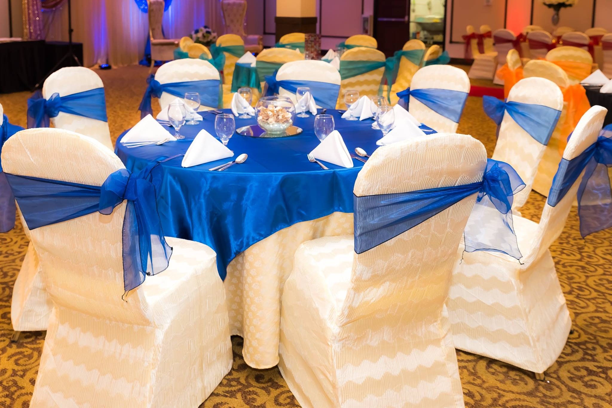 Chair covers blue sashes USA