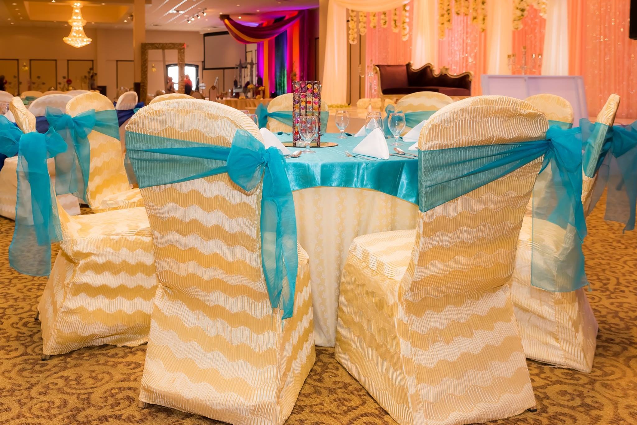 ZS Banquet Supply teal chair covers full hall USA